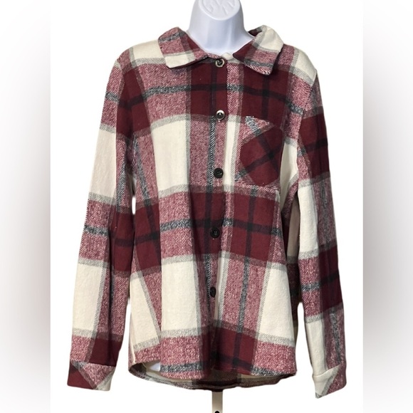 Burgundy Black Gray Cream Plaid Button-Up Shacket - Picture 7 of 9